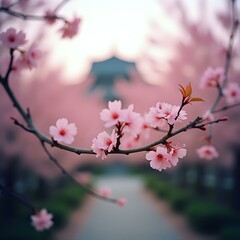 The image displays a branch adorned with delicate pink cherry blossoms, with a blurred background featuring a traditional Japanese temple and a serene sky.