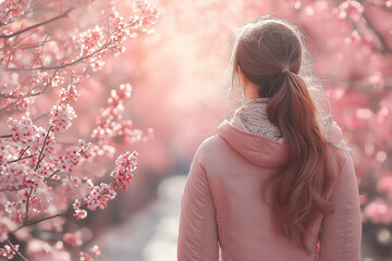 A casual, outdoor scene featuring a person in a pastel-colored light jacket, walking in a park as the early signs of spring emerge. The jacket’s light fabric makes it perfect for the mild temperatures