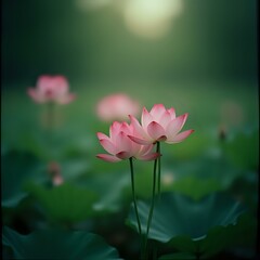 Obraz premium The image features a close-up of two pink lotus flowers in full bloom against a blurred, natural background with green foliage.