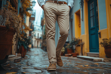 A well-fitted pair of beige chinos that offer a versatile style for various occasions. Paired with a crisp white shirt, they create an effortlessly sharp, yet comfortable outfit for a day in the city.