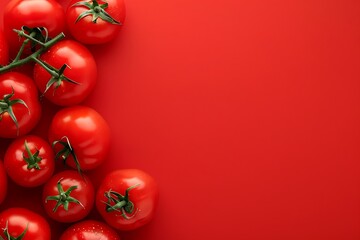 Fresh ripe tomatoes on red background, top view. Space for text © MahmudulHassan