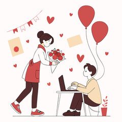 Valentine day girl and boy working