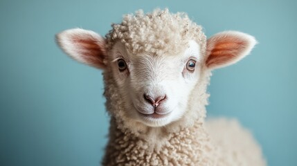 Fototapeta premium Adorable fluffy lamb looking directly at the camera against a light blue background.