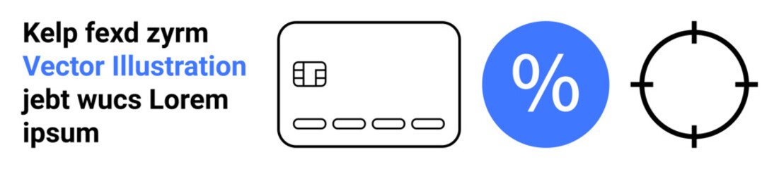 Credit card outline, blue percentage symbol, and black target circle near dummy text elements. Ideal for finance, discounts, precision, marketing, e-commerce, banking advertisements and analytics