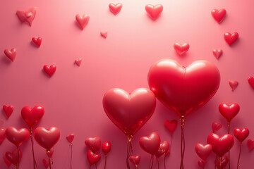 vibrant display of red heart shaped balloons against pink background, creating romantic and festive atmosphere. Perfect for celebrations and love themed events