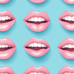 Obraz premium seamless pattern showcasing pastel pink lips and teeth with a variety of expressions, promoting lipsticks, glosses, or dental care Pop Art Themes