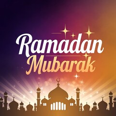A Ramadan Mubarak design featuring bold text, a glowing mosque silhouette, starry background, and warm gradient sky at dusk.