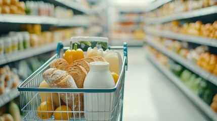 A shopping cart filled with groceries, including bread, milk, and yellow bell peppers, is seen in a vibrant supermarket aisle stocked with various products.