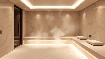 Fototapeta premium Luxury Steam Room Design: Tranquil Beige Marble Interior with Soft Lighting