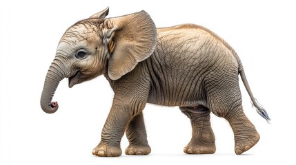 Fototapeta premium Adorable baby African elephant calf walking, isolated on white background.