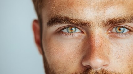 Fototapeta premium Close-Up Portrait of a Young Man with Striking Green Eyes and a Short Beard Against a Soft Background, Perfect for Personal Branding and Lifestyle Imagery
