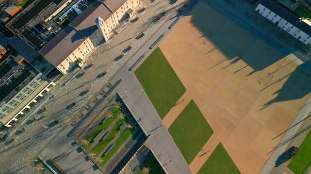 Overhead aerial shot of Ebrington Square in Derry-Londonderry, NI. Filmed in 4K at 60fps and in Rec709 color space.