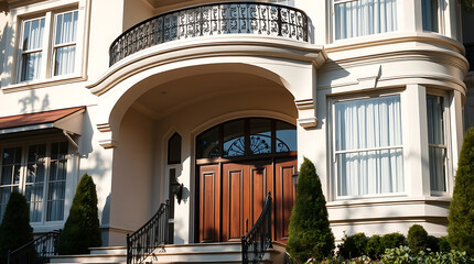 Magnificent Mansion: A Showcase of Classic Architecture and Elegant Design. This luxurious house features a grand entrance, large windows, and a stunning balcony, embodying refined residential style.