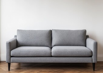 Fototapeta premium Gray fabric sofa against a white wall in a modern living room.