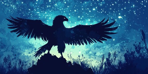 Majestic Eagle Silhouette Under Starlit Night Sky