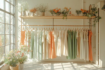A beautiful array of spring dresses in pastel shades and floral prints, ideal for the warmer season. The light, airy fabrics reflect the freshness of spring, hanging gracefully in a cozy, sunlit space