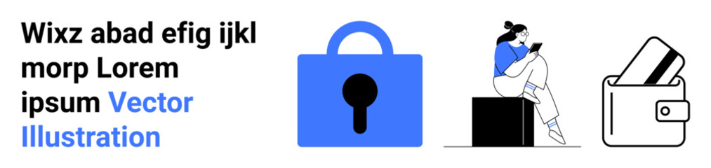 Lock icon symbolizing security, woman sitting on a block using a smartphone, wallet with cards. Ideal for technology, cybersecurity, finance, privacy, online services, mobile apps, digital wallets