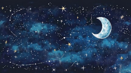 Naklejka premium Night Sky Watercolor Painting With Crescent Moon And Stars