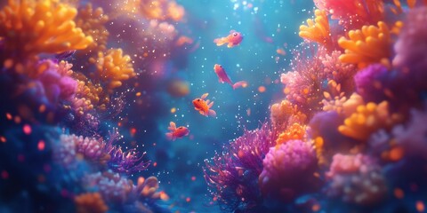 Obraz premium Vibrant Coral Reef With Small Orange Fish Swimming