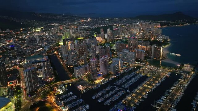 Ala Moana center filmed with a drone by night, Honolulu Oahu
