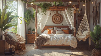 Cozy bohemian bedroom with wooden bed draped in white curtains, vibrant cushions, hanging chair, indoor plants, and warm lighting.