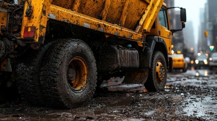 Obraz premium A yellow dump truck, covered in mud, stands on a wet city street, showcasing urban grit and industrial life.