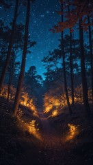 Fototapeta premium Enchanted forest glowing under starlight on anime background