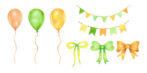 Clipart of st. patricks day decor. Watercolor and marker illustration. Hand drawn isolated art. Green and yellow elements balloons and flags with bow for spring holiday, birthday.