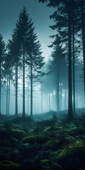 Serene forest scene with misty atmosphere