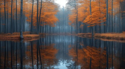 Misty autumn forest reflecting in calm water.