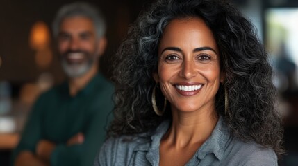 Fototapeta premium Joyful Diverse Couple Smiling Together in Cozy Cafe Setting, Exuding Happiness and Connection with Natural Light and Warm Atmosphere