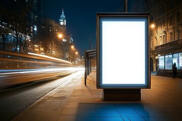 Vertical billboard. In the night city at the bus stop.