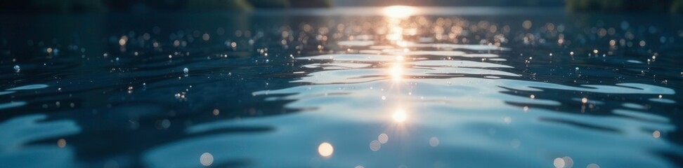 Glittering silver light shimmers on the surface of a calm lake, reflection, surface