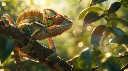 Colorful chameleon perched on a branch in a vibrant, sunlit forest with blurred foliage background