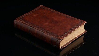 Obraz premium Isolated vintage leather book mockup with textured cover, placed on a black reflective surface