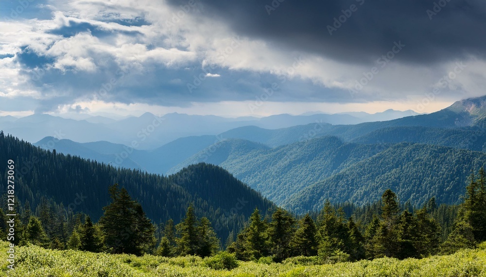Poster amazing wild nature view of layer of mountain forest landscape with cloudy sky. generated image