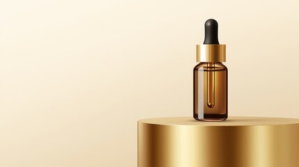 Elegant brown glass dropper bottle with gold cap on a circular podium against a neutral background, ideal for beauty and skincare product showcasing and advertising.