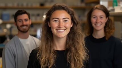 Fototapeta premium Diverse Group of Happy Young Researchers Smiling Together in a Modern Laboratory Environment, Promoting Teamwork and Collaboration in Science