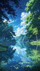 Obraz premium Trees casting shadows over magical lake on anime background