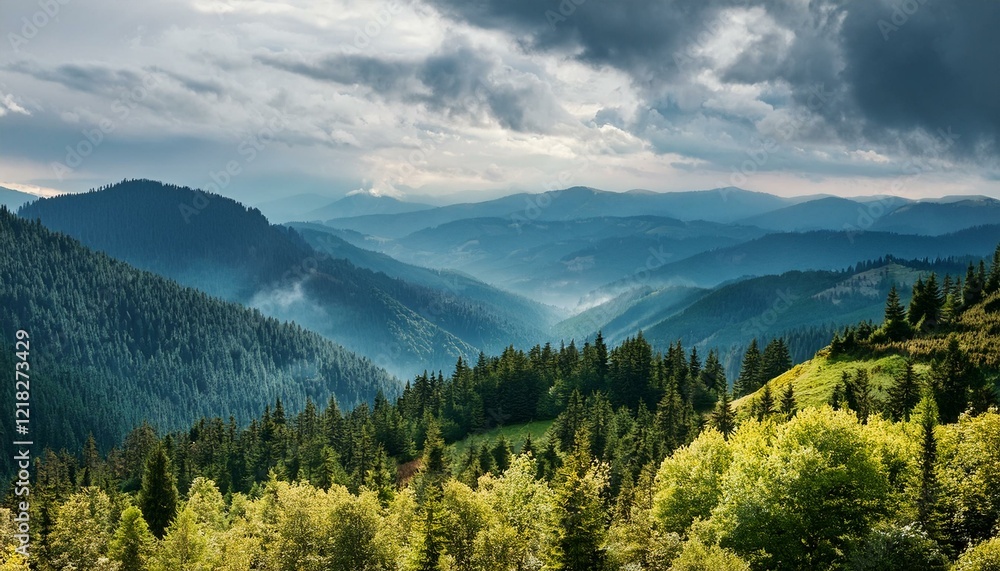 Poster amazing wild nature view of layer of mountain forest landscape with cloudy sky. generated image