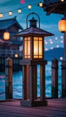 Wooden pier lantern glowing cinematic on anime background