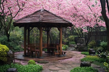 Sakura blossoms in a tranquil garden, where the delicate pink flowers create a canopy of beauty and serenity, symbolizing the fleeting nature of life.