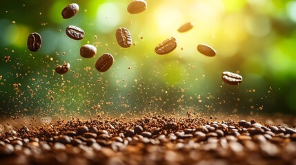 This close-up image showcases a variety of coffee beans including Java coffee, Jamaican Blue Mountain Coffee, and Kona coffee. The rich textures and colors of the beans highlight the diversity.