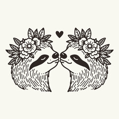 Obraz premium Two sloths with floral crowns gaze at each other affectionately, surrounded by plants and a heart symbol, conveying a sense of love and tranquility.