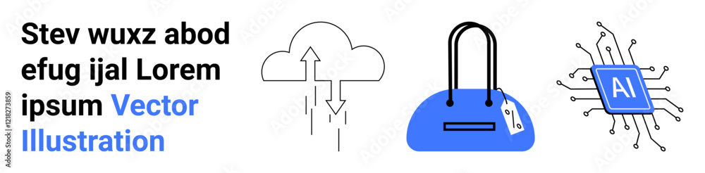 Poster cloud with arrows pointing up and down, padlock with price tag, ai chip with connections. ideal for 