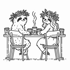Two sloths with floral crowns enjoy coffee at a table, exuding a relaxed and whimsical vibe in a charming illustration.