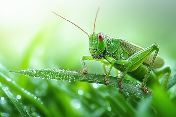 A close-up of a green grasshopper resting on a dew-covered blade of grass.