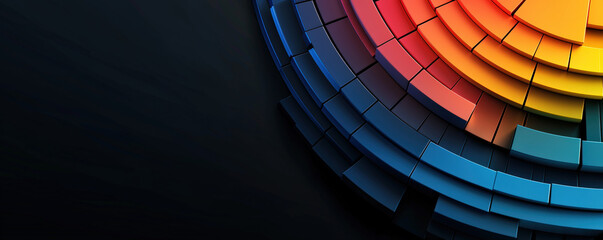 Obraz premium A vibrant, circular pattern of layered segments in red, orange, and blue against a dark background, creating a dynamic and modern visual effect.