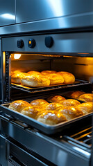 Bakery oven baking golden buns, industrial kitchen