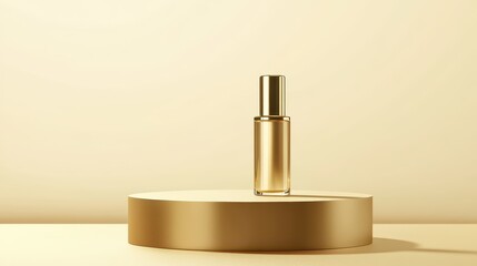 Elegant golden perfume bottle placed on a sleek circular podium against a soft, muted background creating a luxurious and minimalist aesthetic ideal for beauty and fragrance branding.